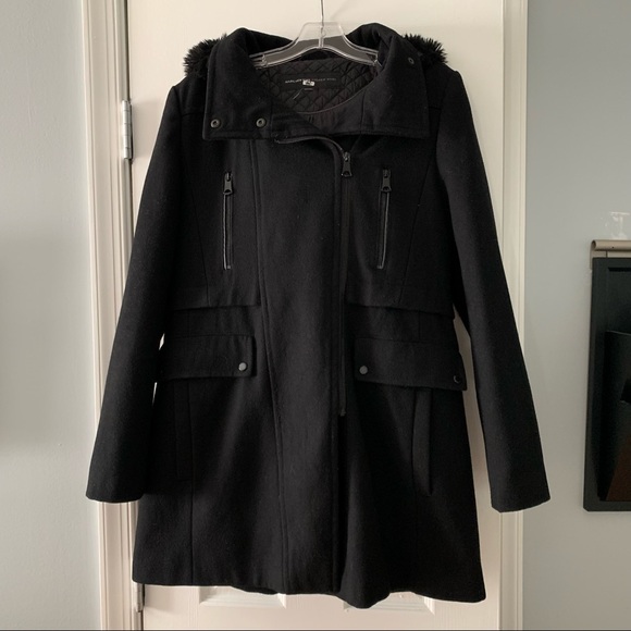 Andrew Marc Jackets & Blazers - Marc New York black wool long coat faux fur hood